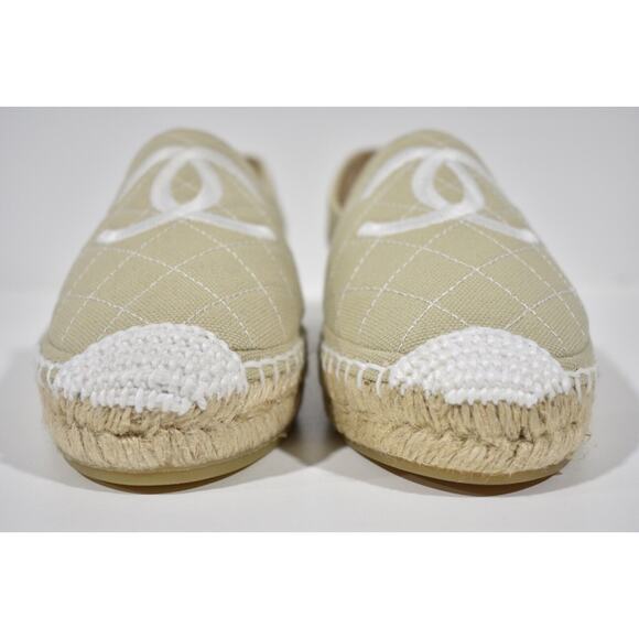 Chanel 20P Beige Canvas White Quilted CC Logo Classic Ballet Espadrille Flat 37 - Picture 7 of 12